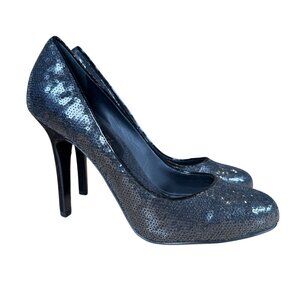 Chanel CC Black Sequin Satin Pumps Heels Shoes Size 38.5 PG2850